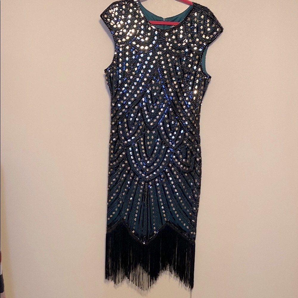 Dark Green Dress with sequins and fringe- Midi Dress